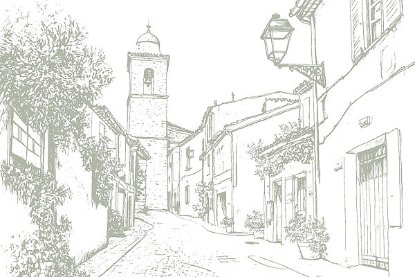 Drawing of a street with buildings and a bell tower Drawing of a street with buildings and a bell tower