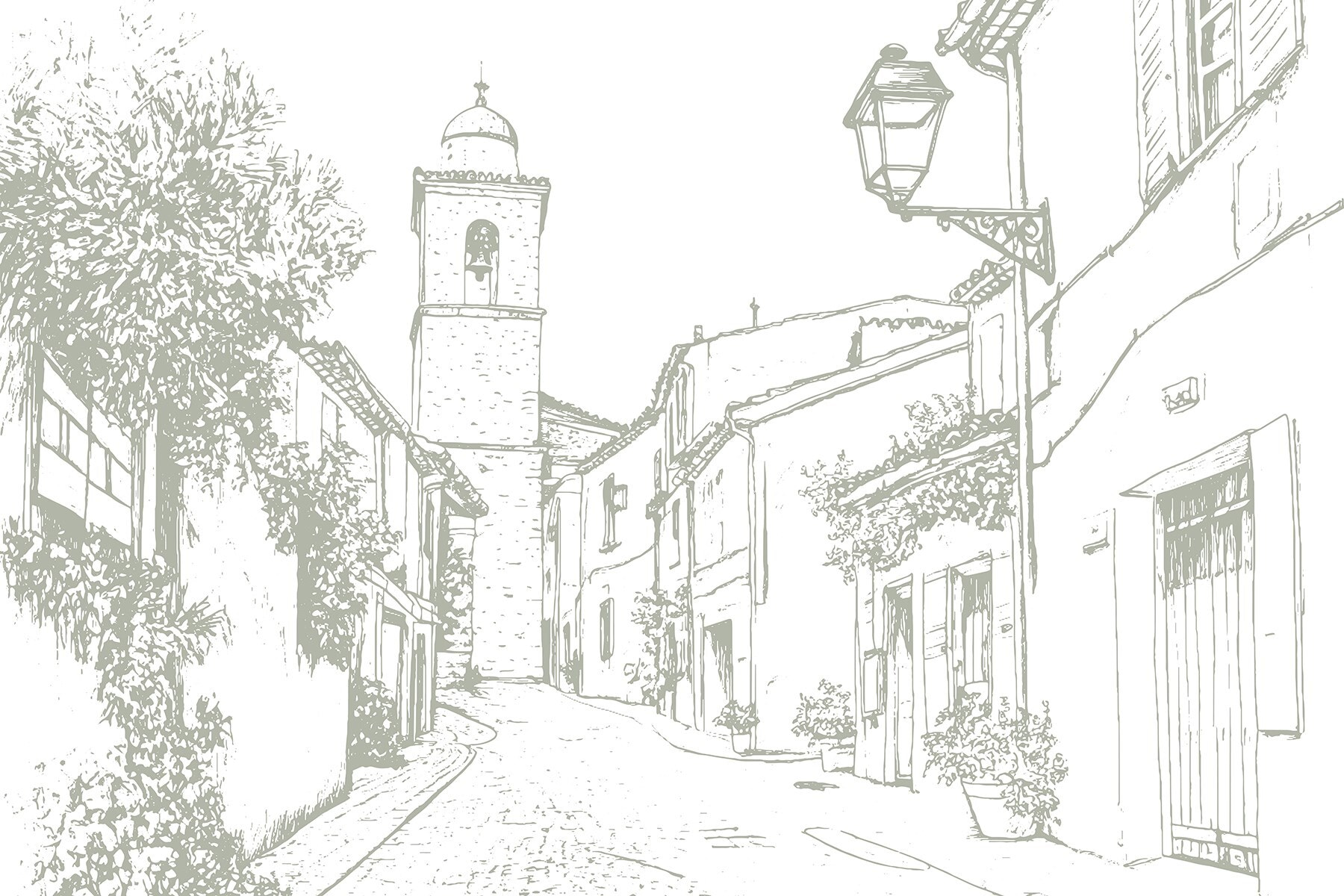 Drawing of a street with buildings and a bell tower Drawing of a street with buildings and a bell tower