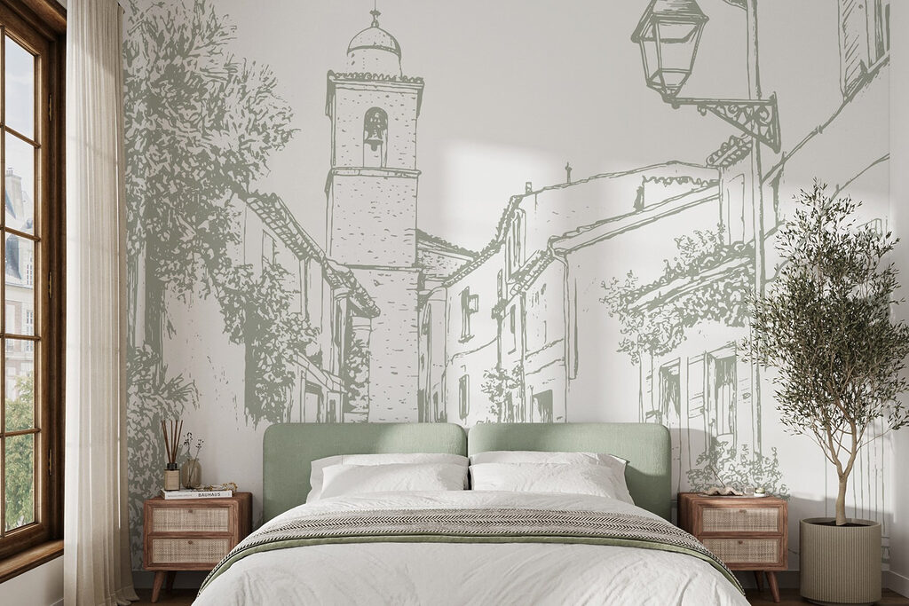 Drawing of a street with buildings and a bell tower Drawing of a street with buildings and a bell tower