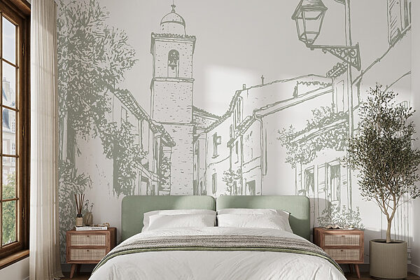 Drawing of a street with buildings and a bell tower Drawing of a street with buildings and a bell tower