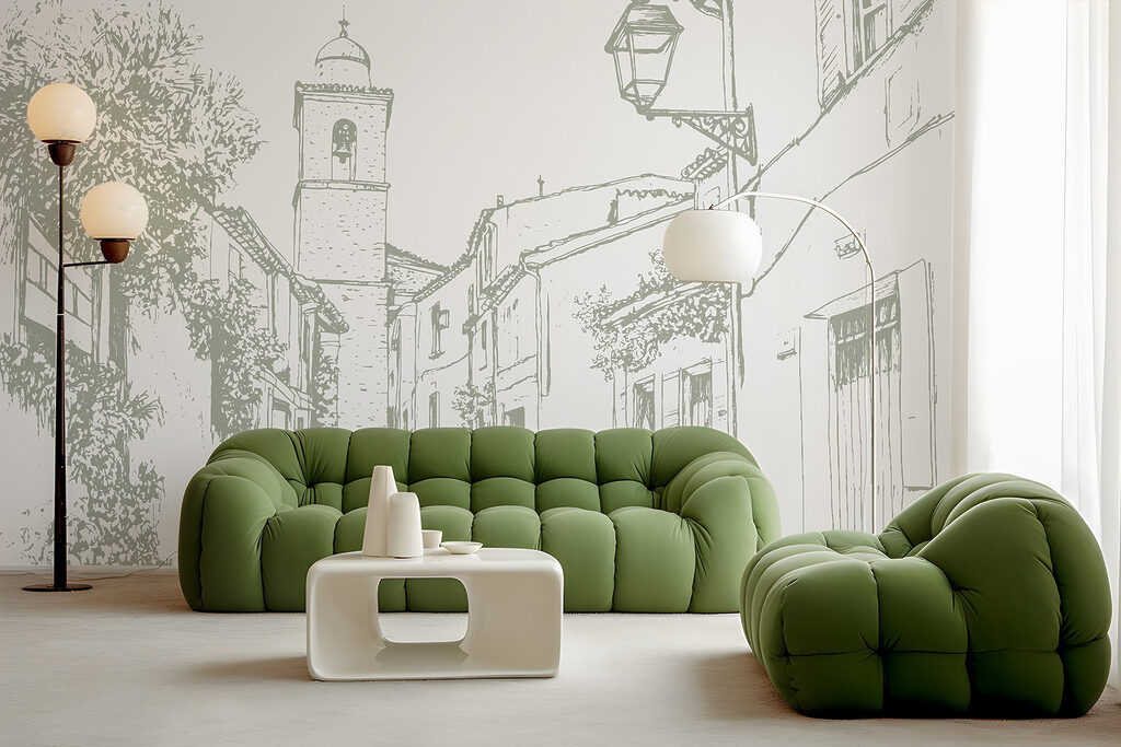 Drawing of a street with buildings and a bell tower Drawing of a street with buildings and a bell tower