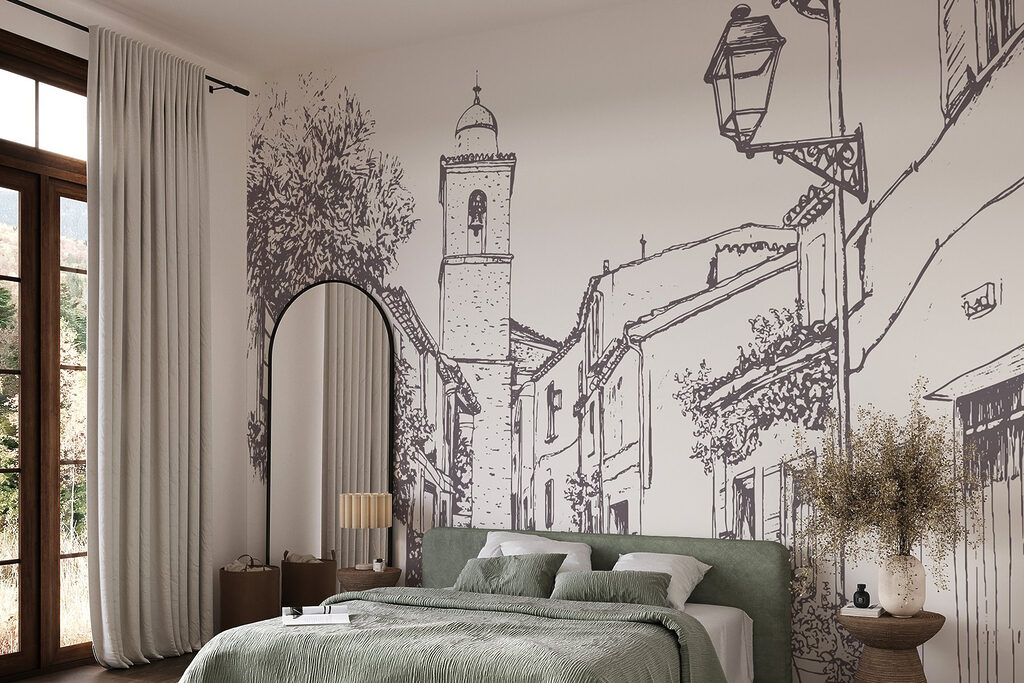 Drawing of a street with buildings and a bell tower Drawing of a street with buildings and a bell tower