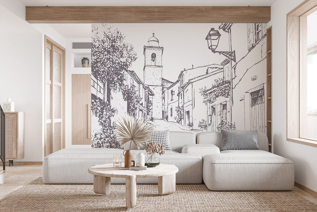 Drawing of a street with buildings and a bell tower Drawing of a street with buildings and a bell tower