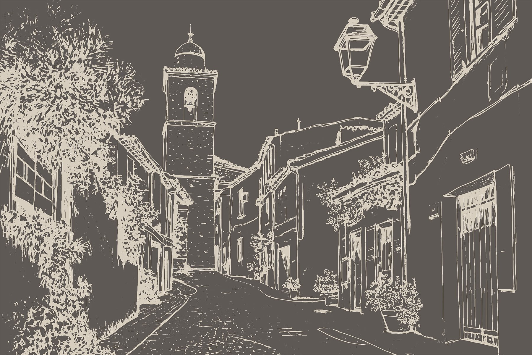 Drawing of a street with buildings and a bell tower