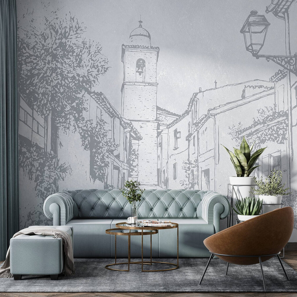 Drawing of a street with a bell tower