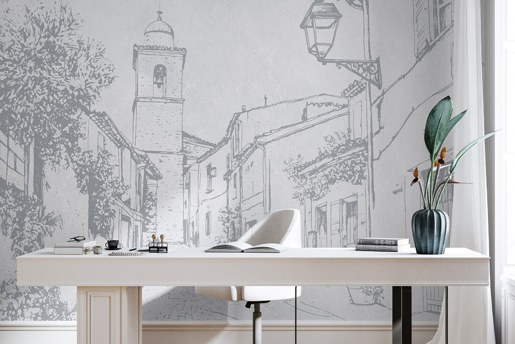 Drawing of a street with a bell tower