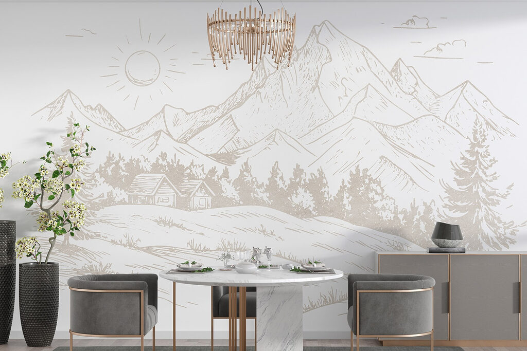 Drawing of a landscape with mountains and trees Drawing of a landscape with mountains and trees