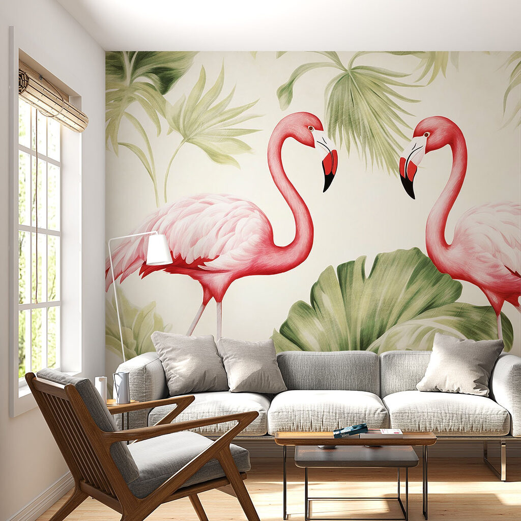 Couple of pink flamingos with green leaves