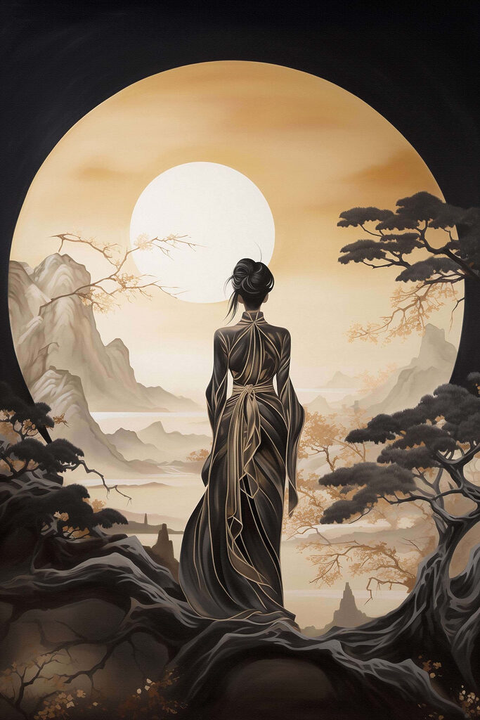 Woman in a long dress looking at the sun Woman in a long dress looking at the sun