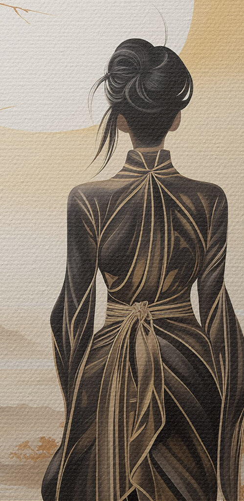 Woman in a long dress looking at the sun Woman in a long dress looking at the sun