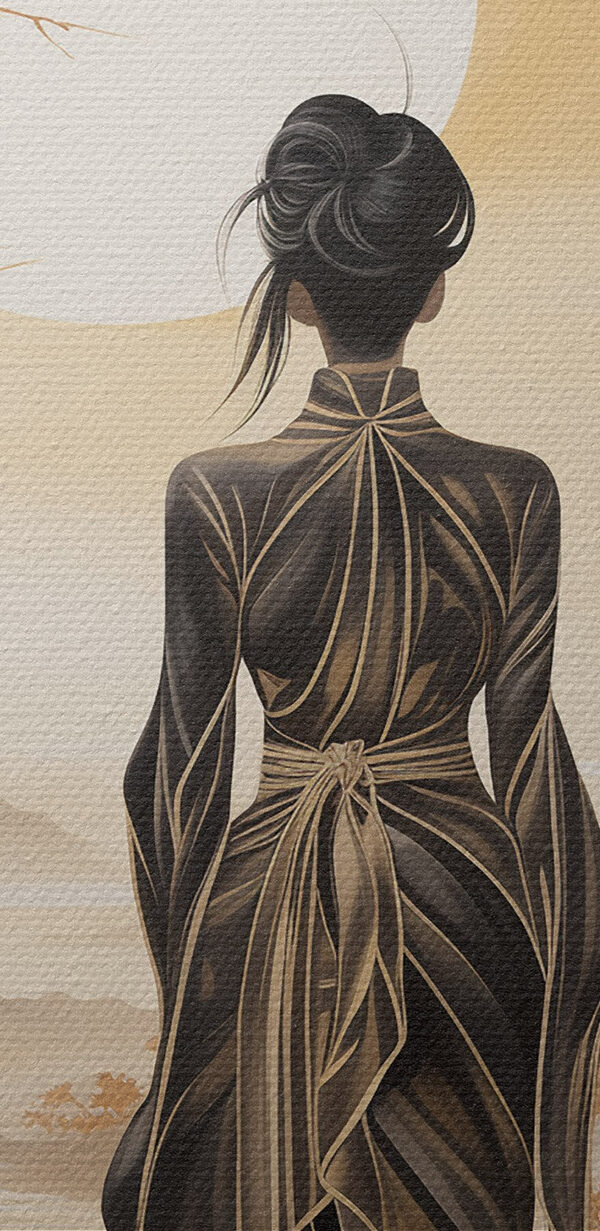 Woman in a long dress looking at the sun Woman in a long dress looking at the sun