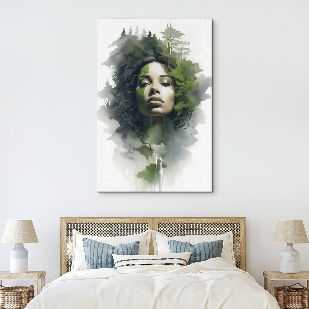 Woman with green leaves on her face