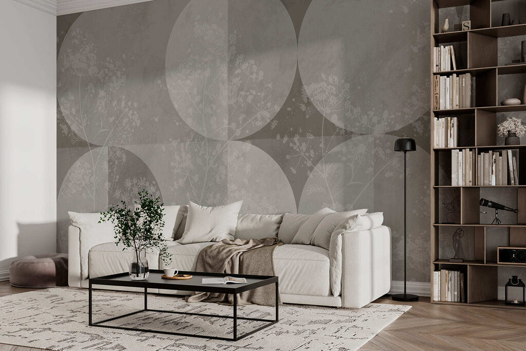 Grey and white wallpaper with white circles and flowers Grey and white wallpaper with white circles and flowers