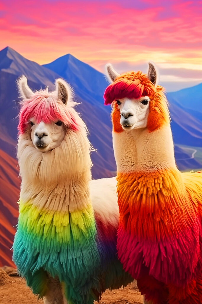 Two llamas with rainbow colored hair Two llamas with rainbow colored hair