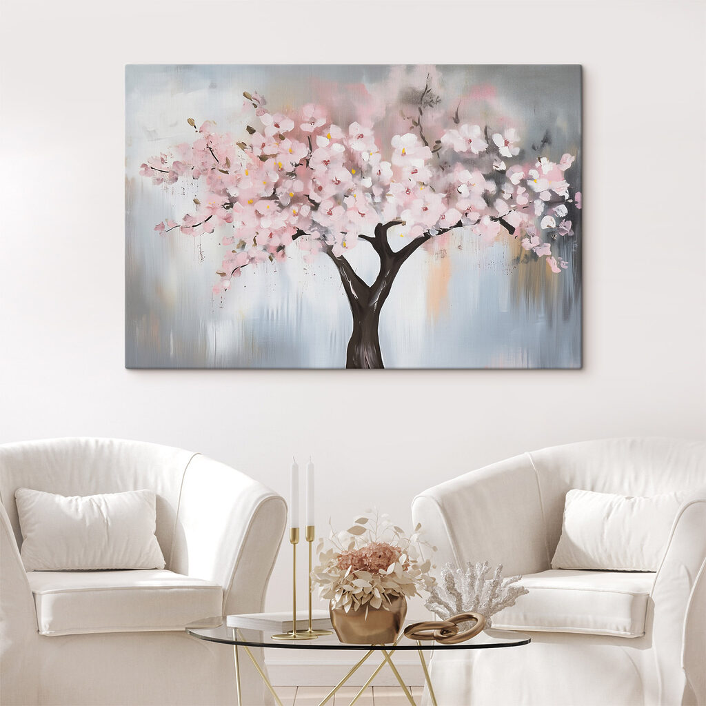 Painting of a tree with pink flowers