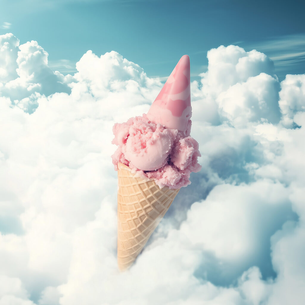 Pink ice cream cone in the clouds