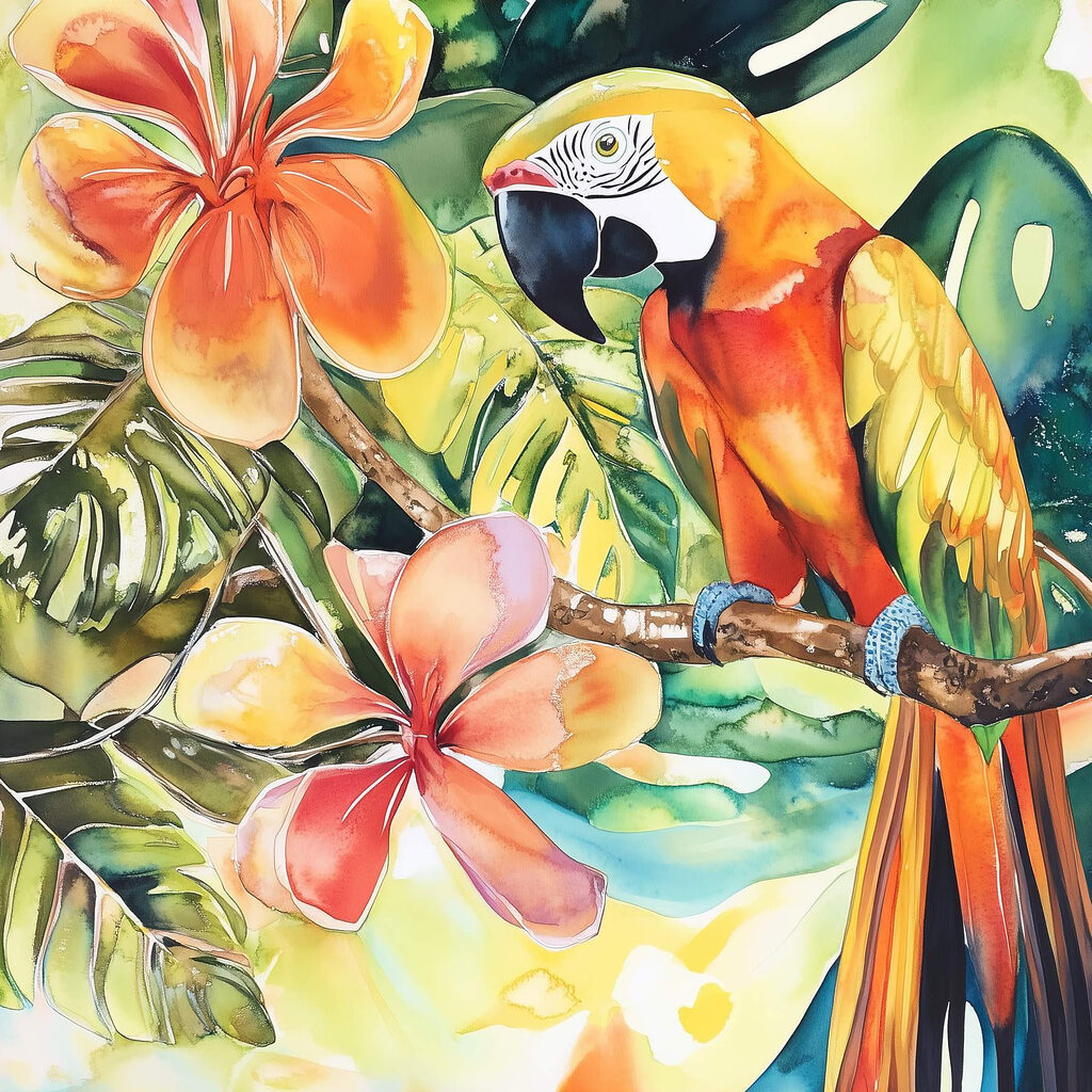 Painting of a parrot on a branch with flowers