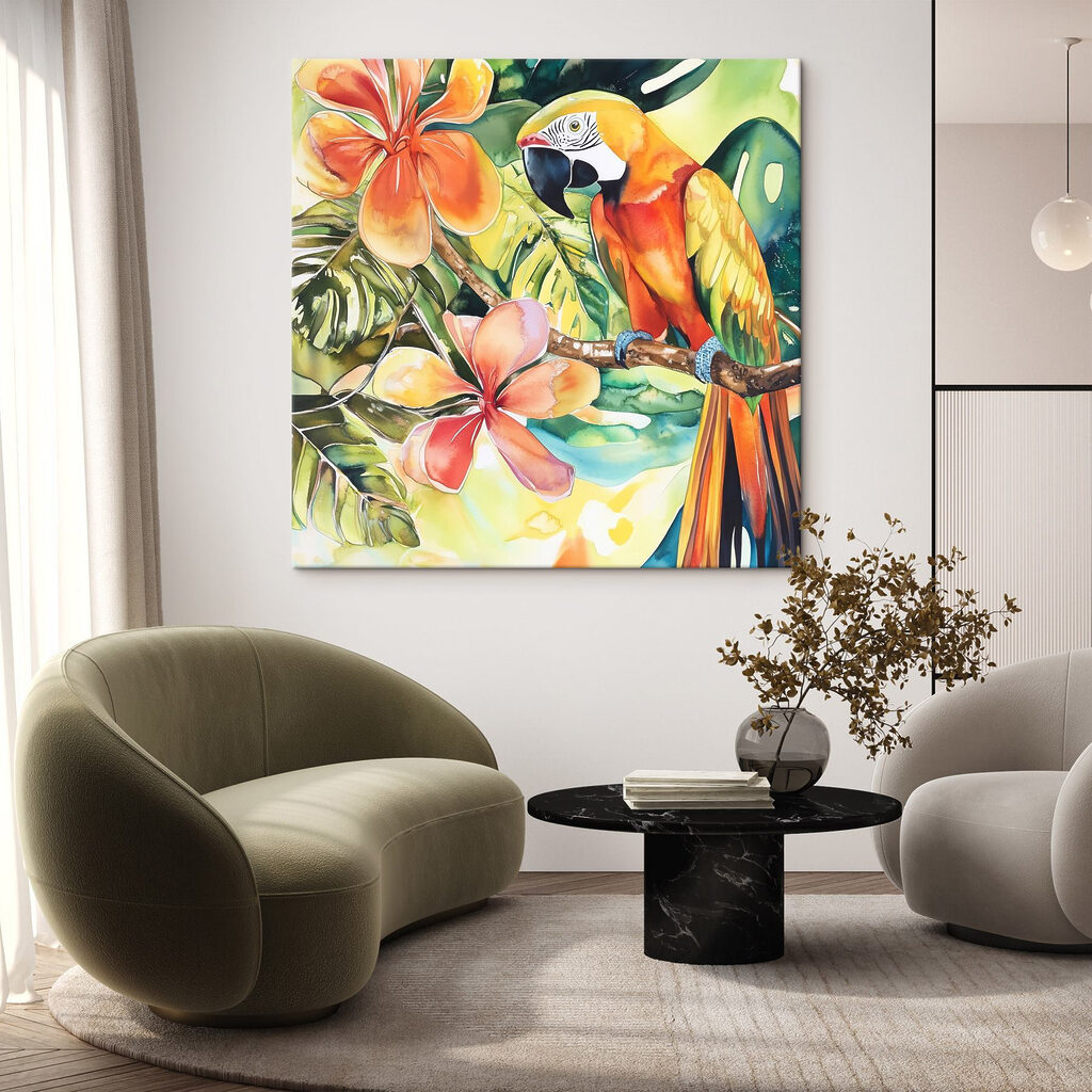 Painting of a parrot on a branch with flowers