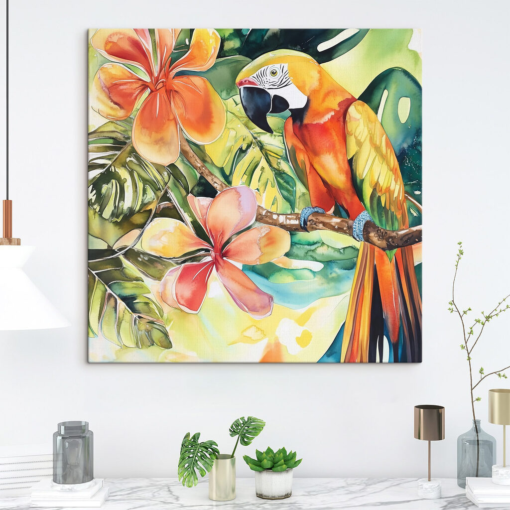 Painting of a parrot on a branch with flowers