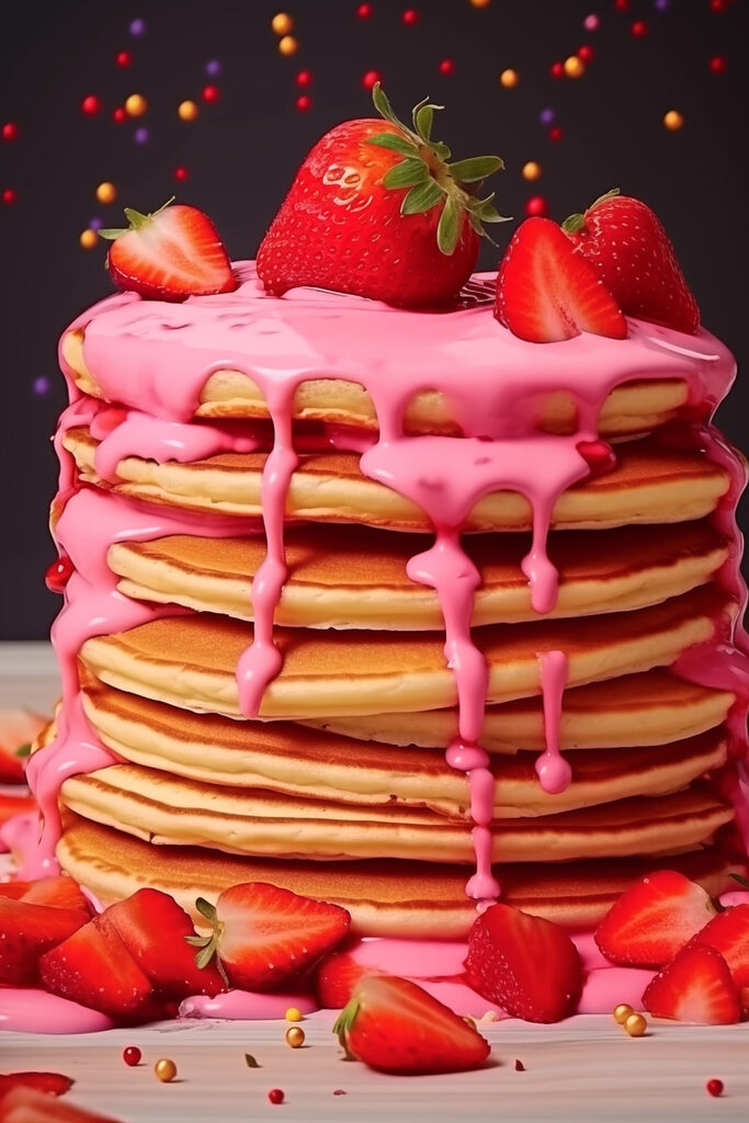 Stack of pancakes with pink frosting and strawberries Stack of pancakes with pink frosting and strawberries