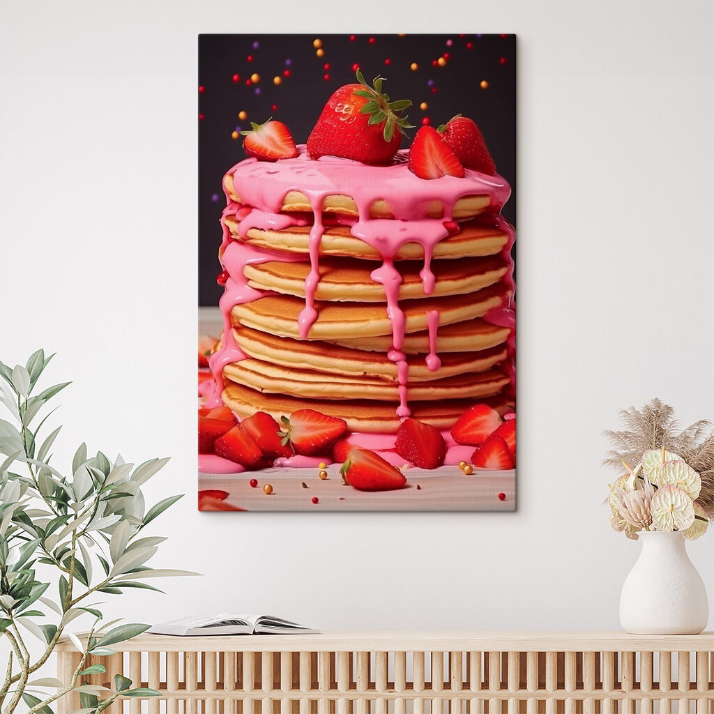Stack of pancakes with pink frosting and strawberries Stack of pancakes with pink frosting and strawberries