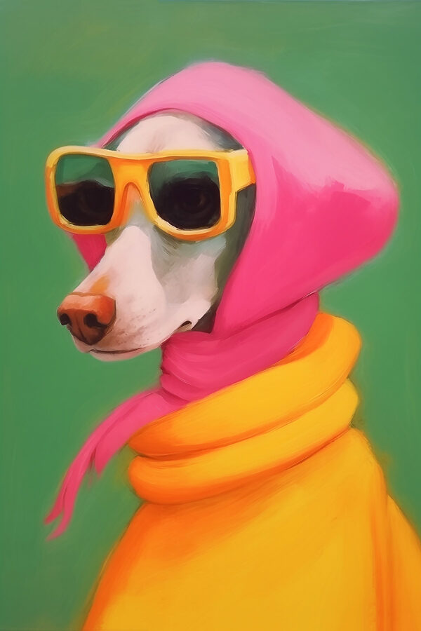 Dog wearing a pink scarf and sunglasses