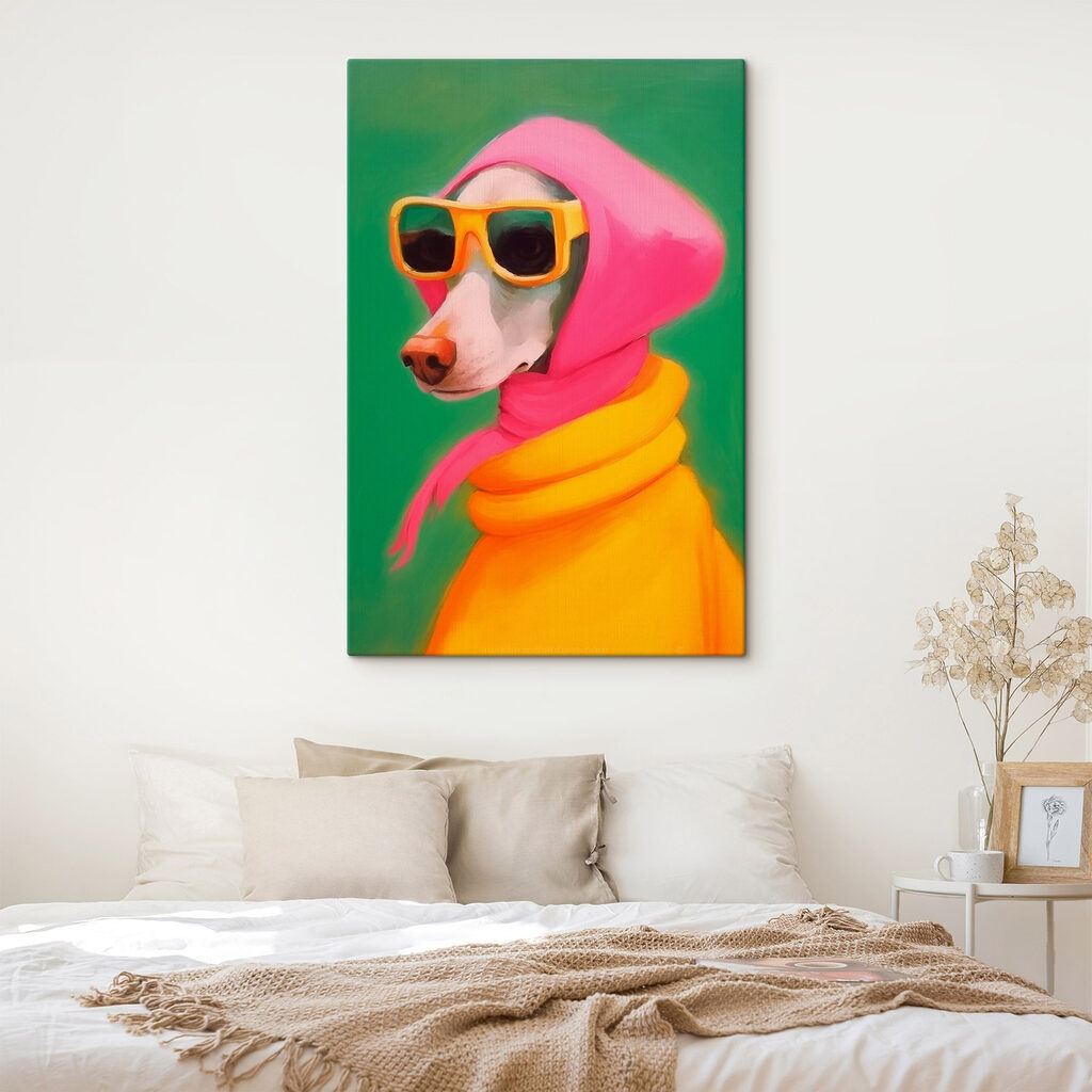 Dog wearing a pink scarf and sunglasses
