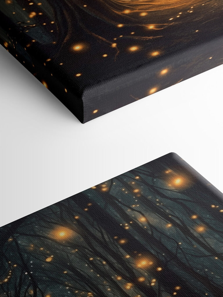 Path through a forest with many trees with lights