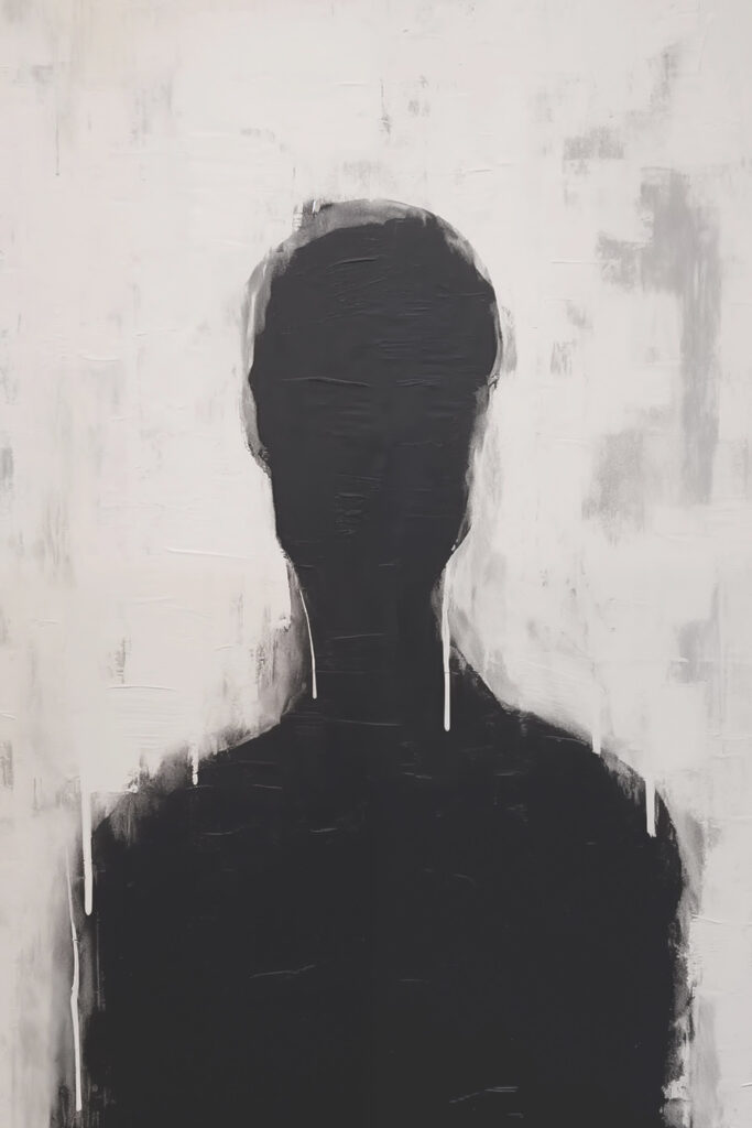Black and white painting of a person's head
