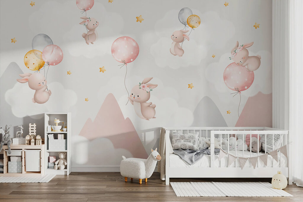 Group of bunnies holding balloons in the sky