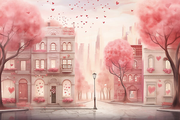 Pink trees with hearts falling from the sky Pink trees with hearts falling from the sky
