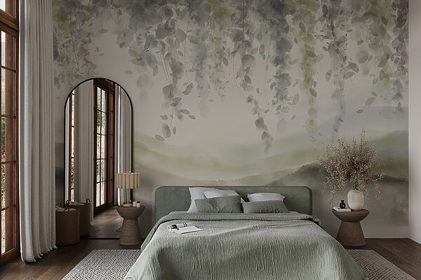 Painting of a landscape with leaves from the ceiling Painting of a landscape with leaves from the ceiling