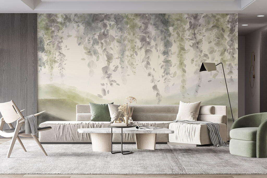 Painting of a landscape with leaves from the ceiling Painting of a landscape with leaves from the ceiling