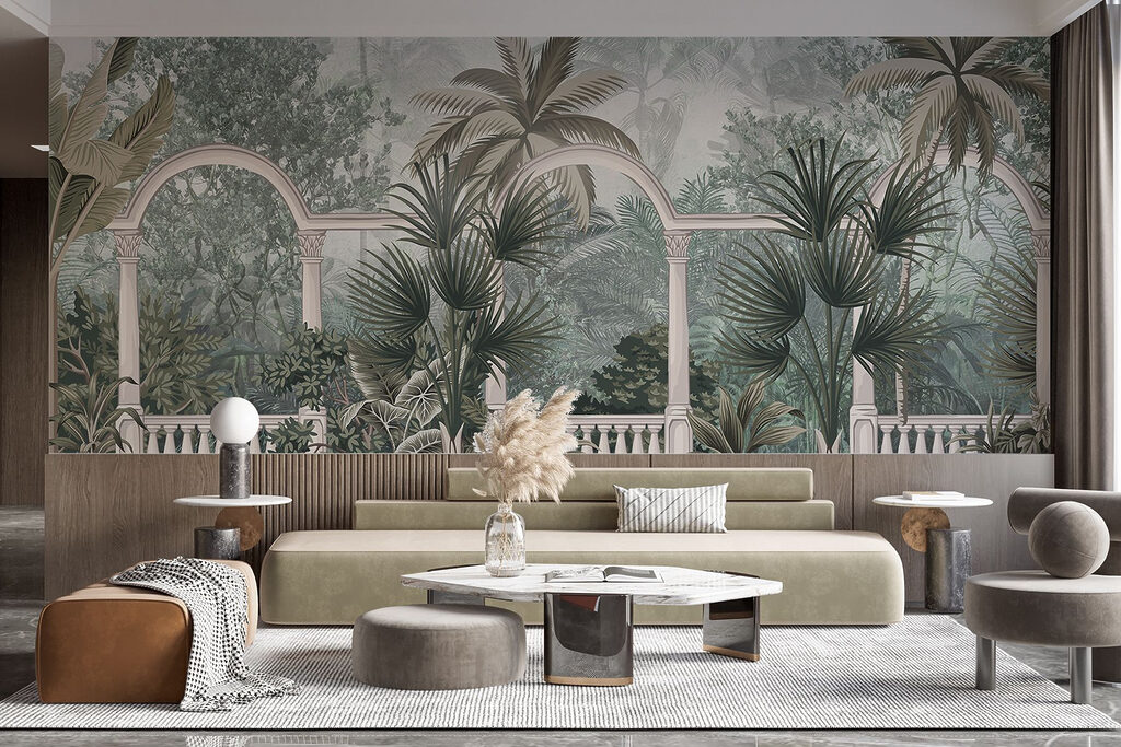 Wallpaper with palm trees and a balcony