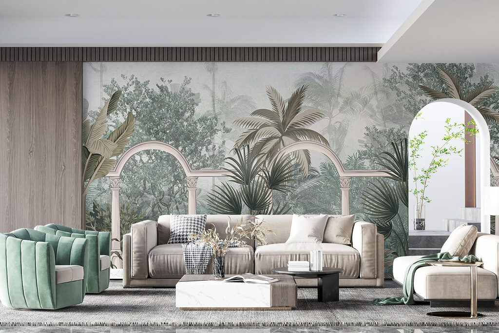 Wallpaper with palm trees and a balcony