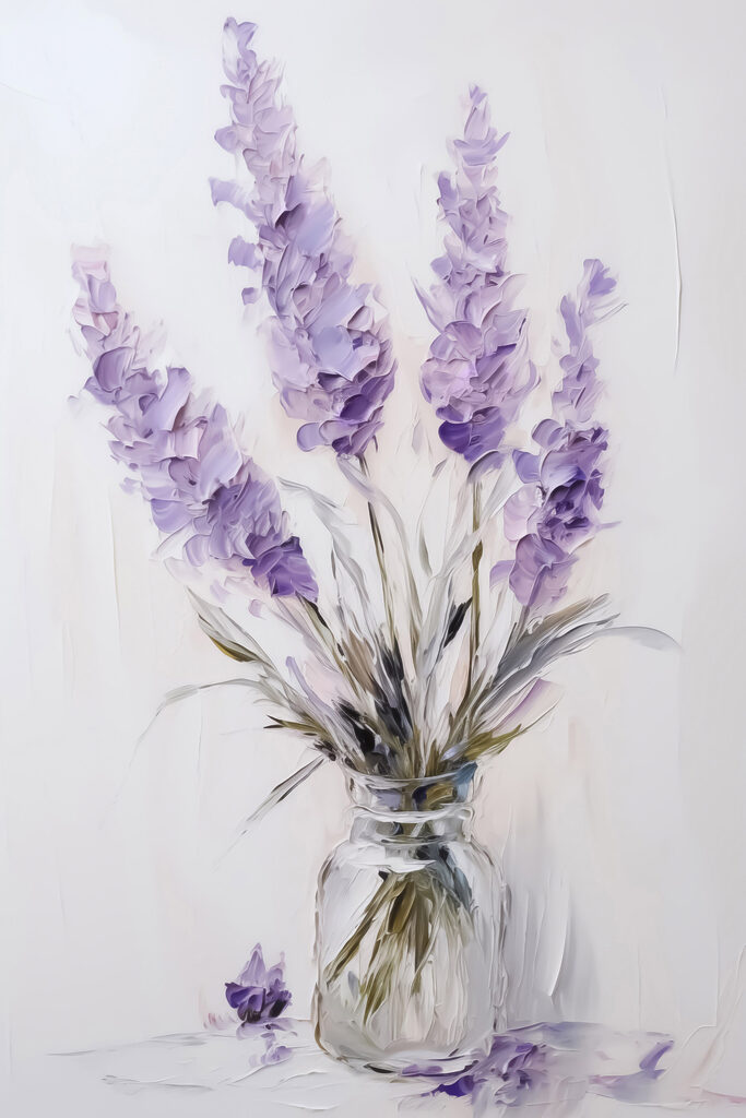 Painting of purple flowers in a glass vase Painting of purple flowers in a glass vase