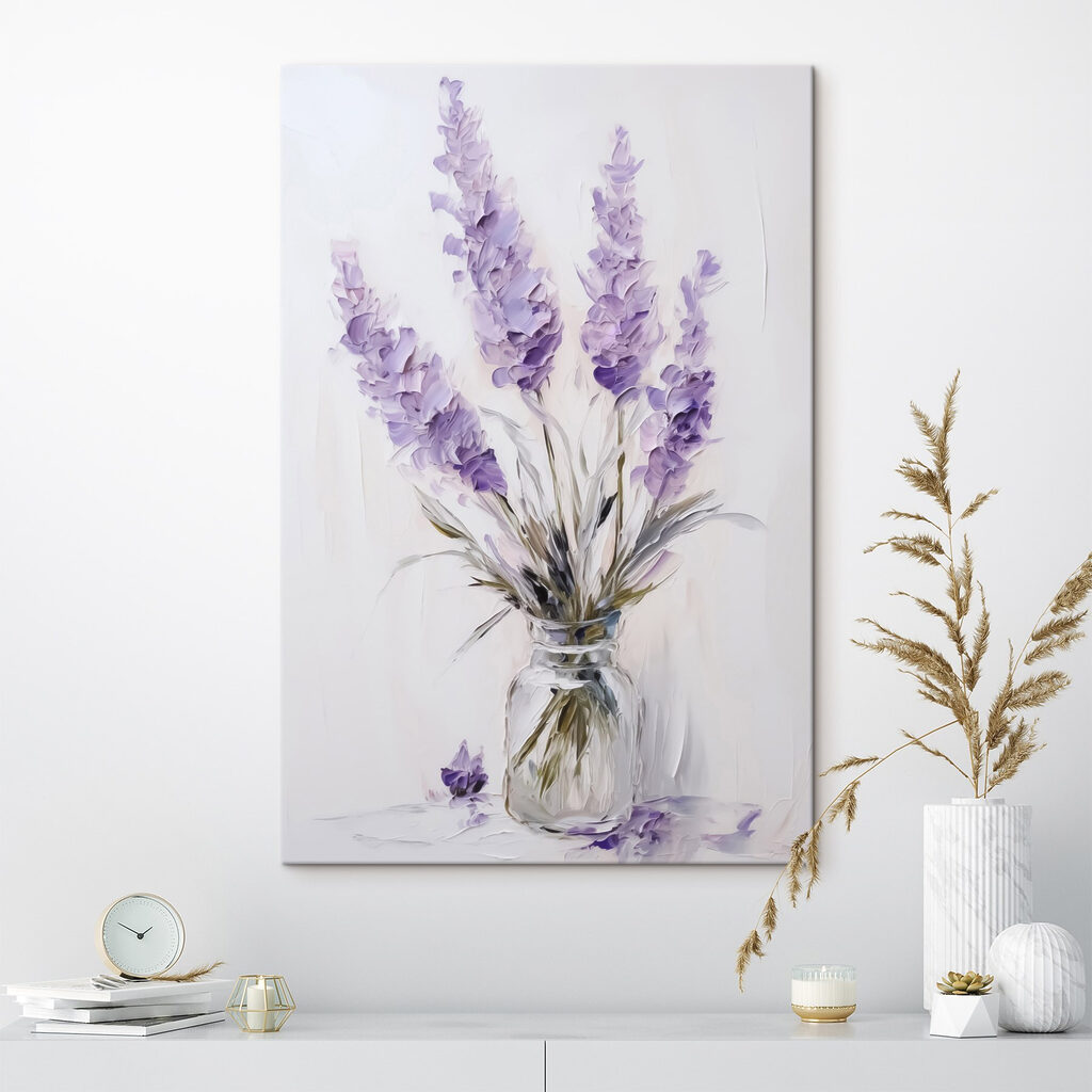 Painting of purple flowers in a glass vase Painting of purple flowers in a glass vase