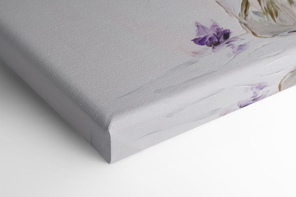 Painting of purple flowers in a glass vase Painting of purple flowers in a glass vase