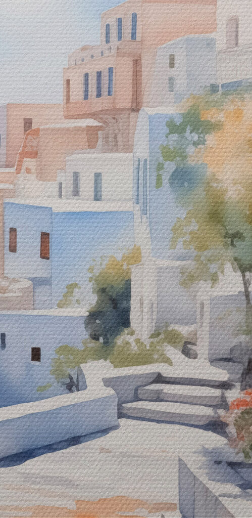 Watercolor painting of a white building with blue doors and flowers on a cliff