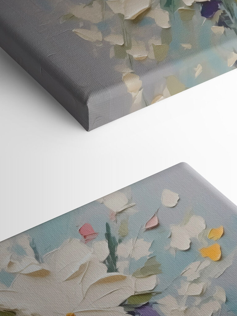 Painting of flowers on a blue surface