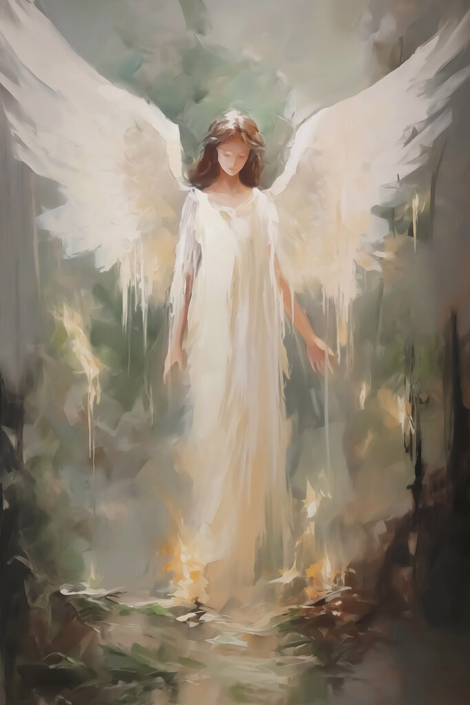 Painting of a woman in a white dress with wings