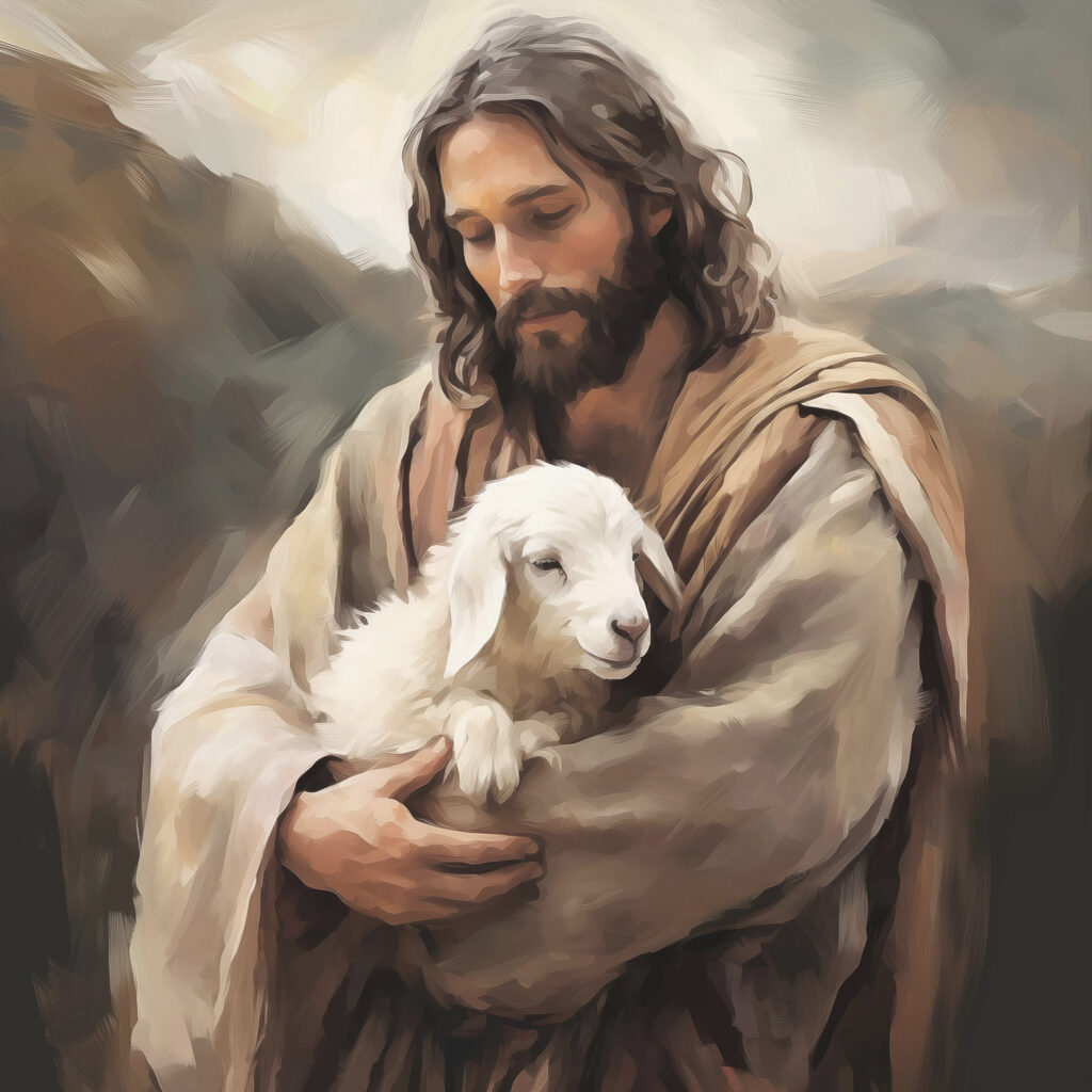 Painting of a man holding a lamb Painting of a man holding a lamb