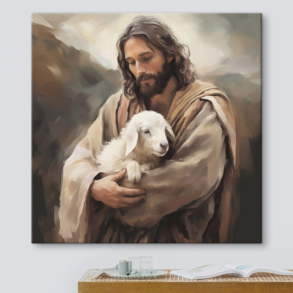 Painting of a man holding a lamb Painting of a man holding a lamb