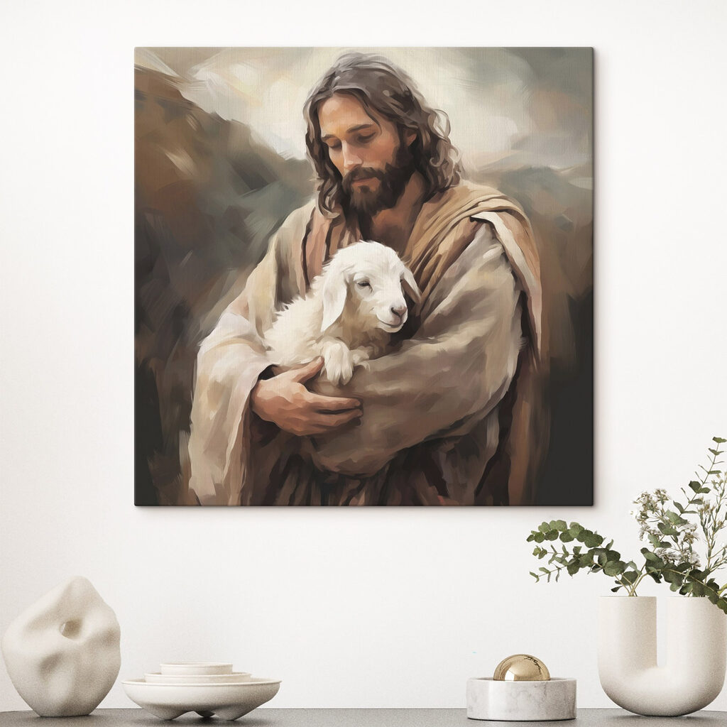 Painting of a man holding a lamb Painting of a man holding a lamb