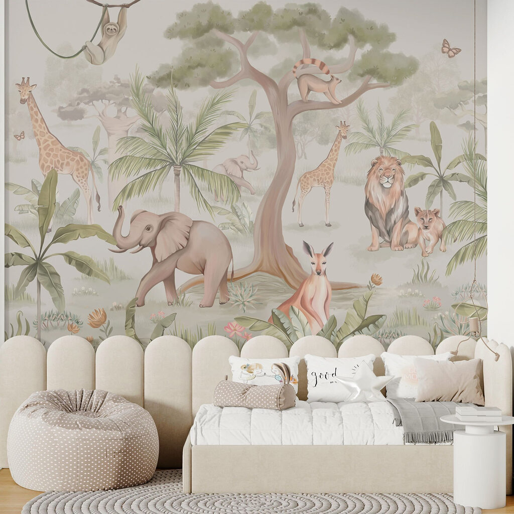 Wallpaper with animals and trees