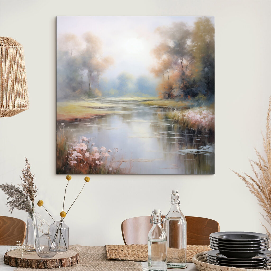 Painting of a river with trees and grass Painting of a river with trees and grass