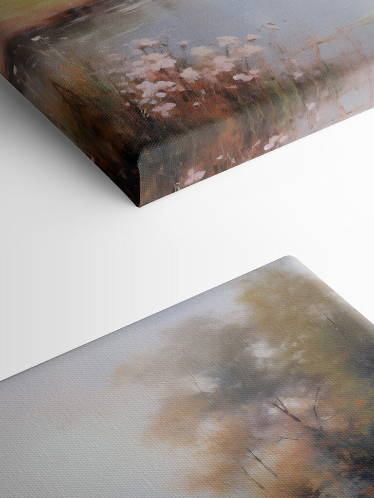 Painting of a river with trees and grass Painting of a river with trees and grass