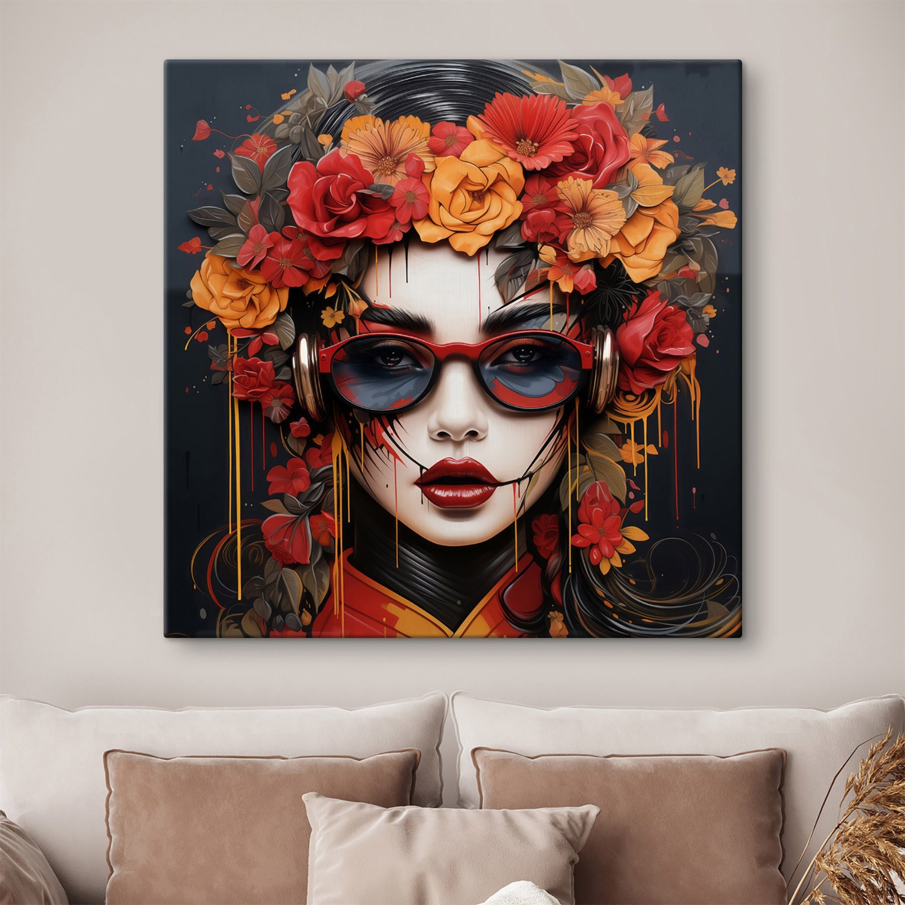 Woman with flowers in her hair and glasses