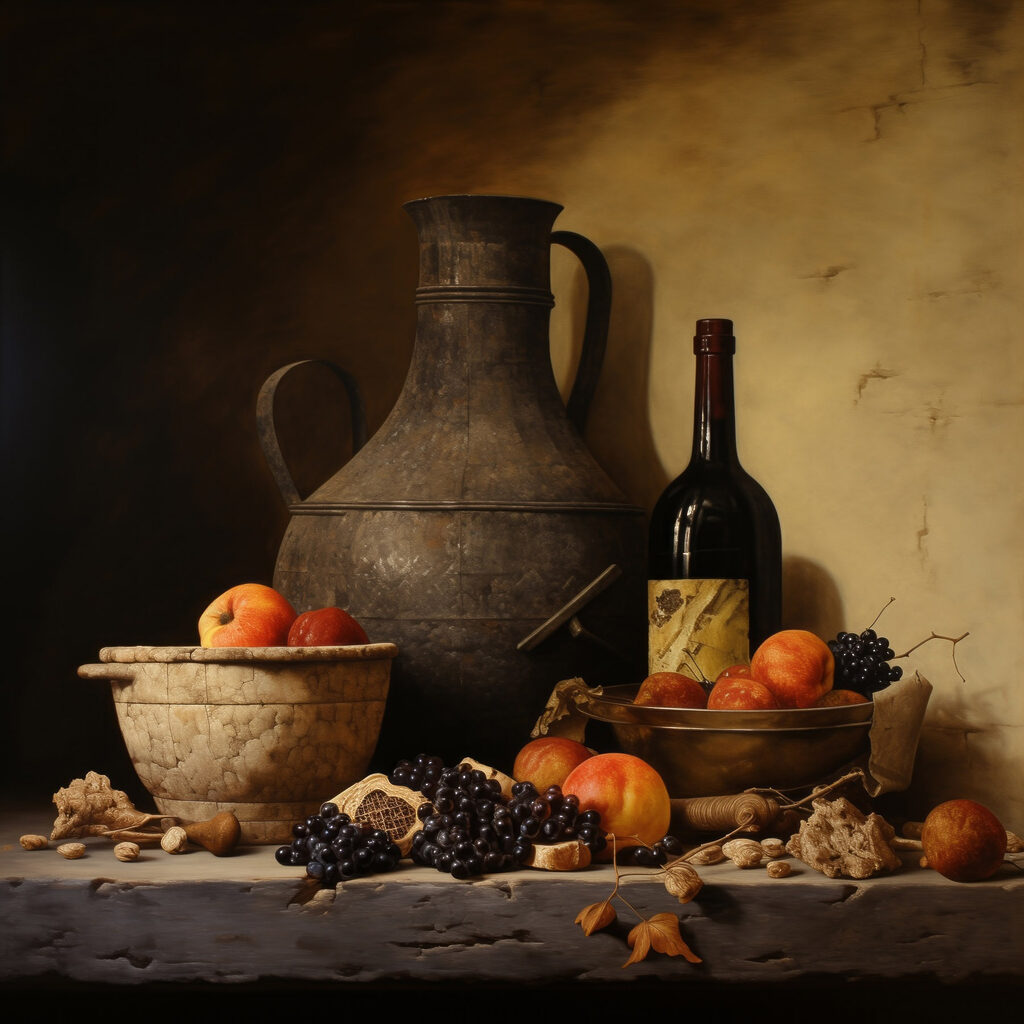 Still life with fruit and a bottle
