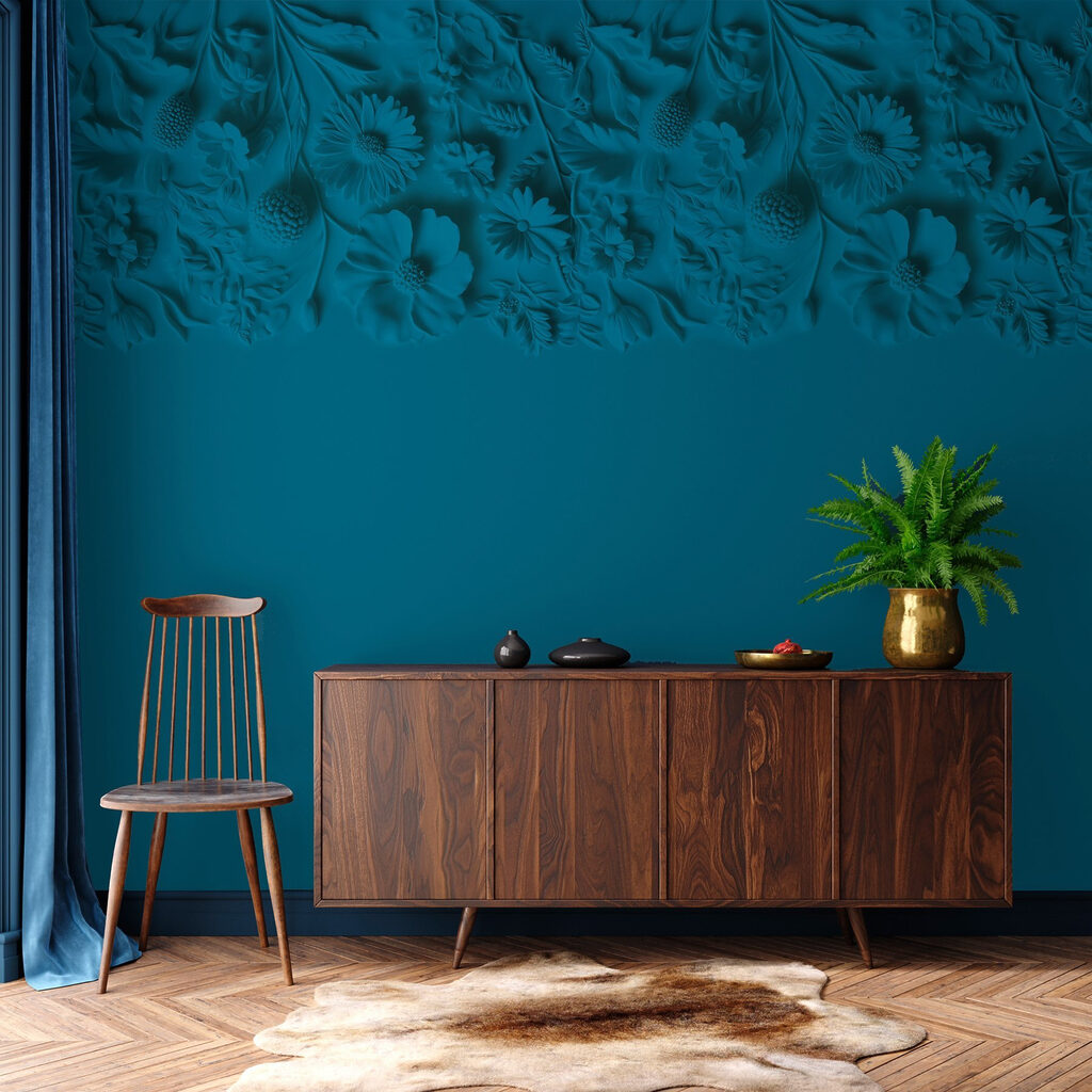 Blue background with flowers and leaves